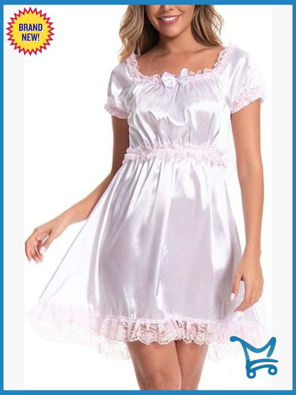 Satin Lace Babydoll Nightdress with Ruffles - Short Sleeve